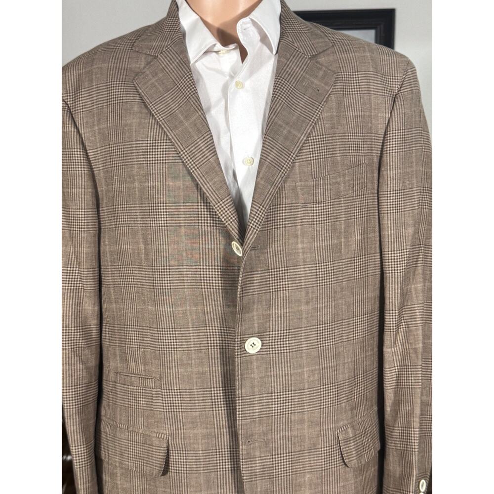 Brunello Cucinelli Brown Houndstooth Prince of Wales W Linen Silk Blazer 44R 52I